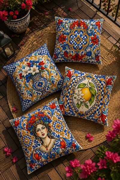 EVPANYA Checkered Chinese Girl Patterned 4-Piece Throw Pillow Cover Set