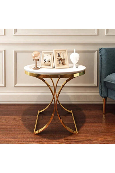 SAHABA Marble Service Table, Light Luxury Marble Side Table Stainless Steel B...