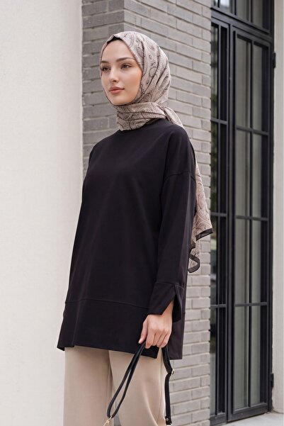 Modamorfo Crew Neck Slit Oversize Combed Cotton Tunic - Black