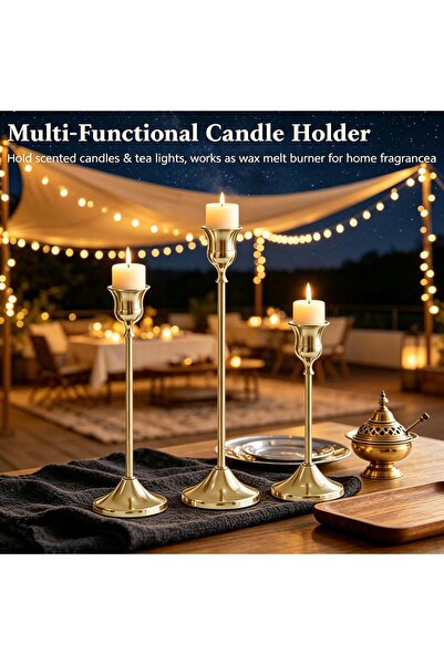 Vi Markets Soft Gold Candlestick Holder, 3 Sizes Set for Living Room Shelf