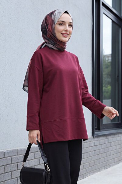 Modamorfo Crew Neck Slit Oversize Combed Cotton Tunic - Plum