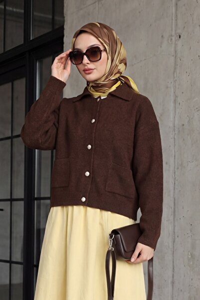 Modamorfo Double Pocket Shirt Collar Buttoned Soft Knitwear Cardigan - Dark B...