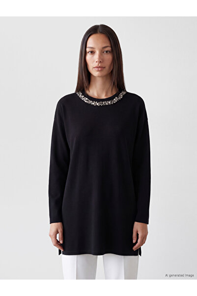LC Waikiki Vizyon New Season Black Soft Touch Stone Oversize Women's Sweatshi...