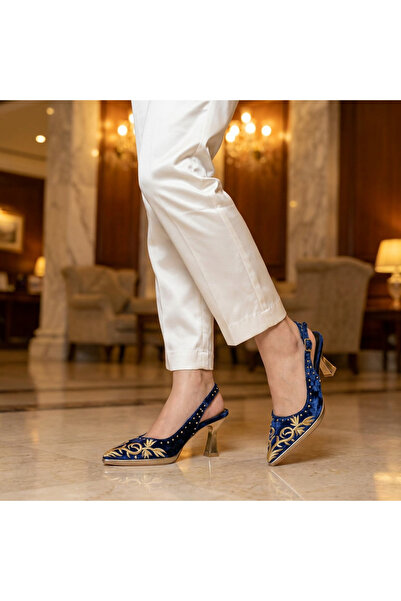 Letafia Turquoise Embroidery Detailed Wide Goblet Heeled Thin Platform Heeled...