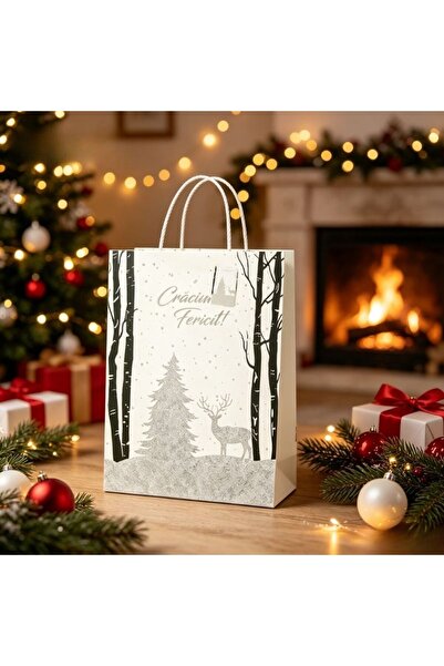 idei Gift paper bag with reindeer and fir tree, "Merry Christmas" inscription...