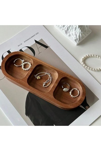 Gonice Wooden Jewelry Display Tray, Multi-Compartment Storage Organizer, Walnut Brown, 20.5 cm x 7.5 cm, 5-Compartment Design for Rings, Bracelets, and Accessories