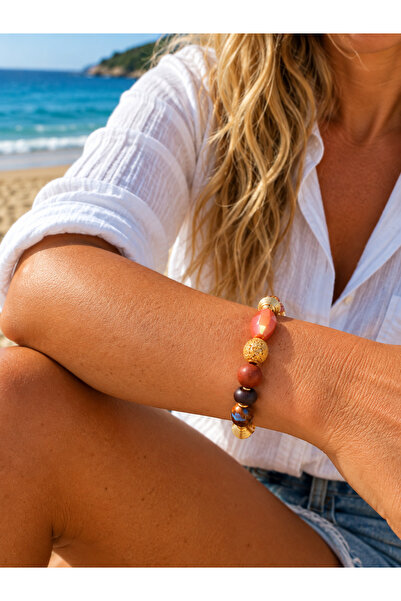 COCOSH TAKI Orange Gold Brown Beaded Flexible Bracelet