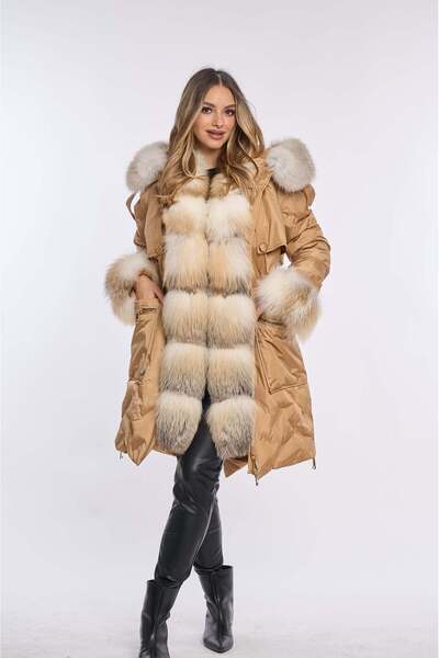 Luxus Geaca fas parka lunga cu blana naturala de vulpe, Camel