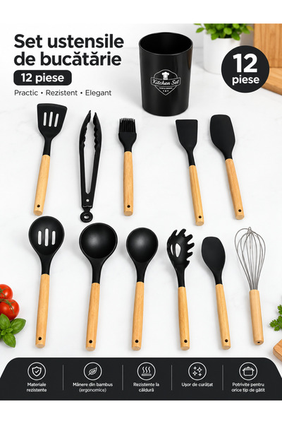 Generic Brand Set 12 ustensile de bucătărie cu suport – Negru & Lemn
