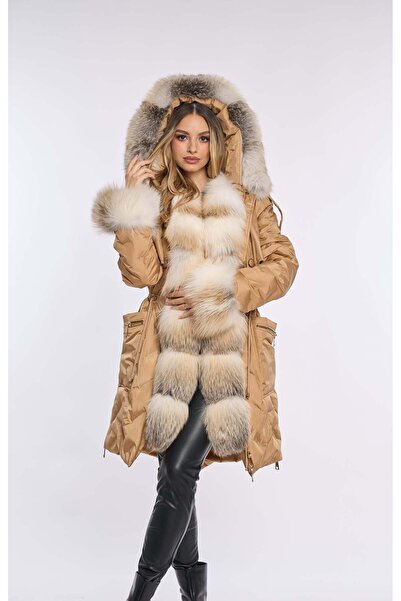 Luxus Geaca fas parka lunga cu blana naturala de vulpe, Camel