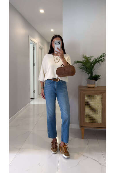 BİRCANÇİL Ria Mavi Kesik Paça Boy Fit Jean