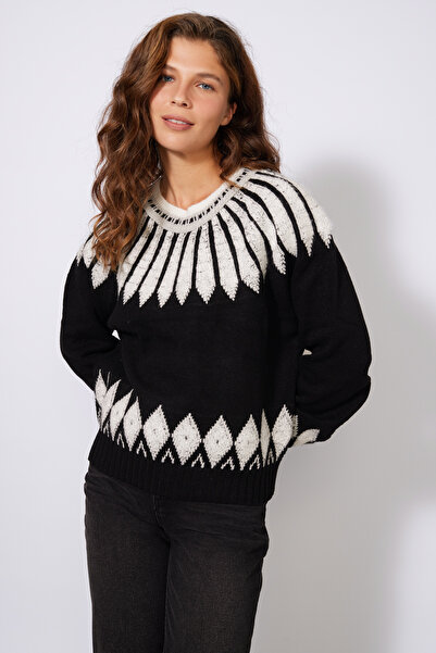 Nisan Jacquard Patterned Circular Neck Tricot Sweater Black