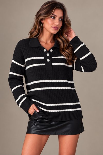 MAG STORES Women's Knitted Shirt Collar Button Detailed Knitwear Sweater