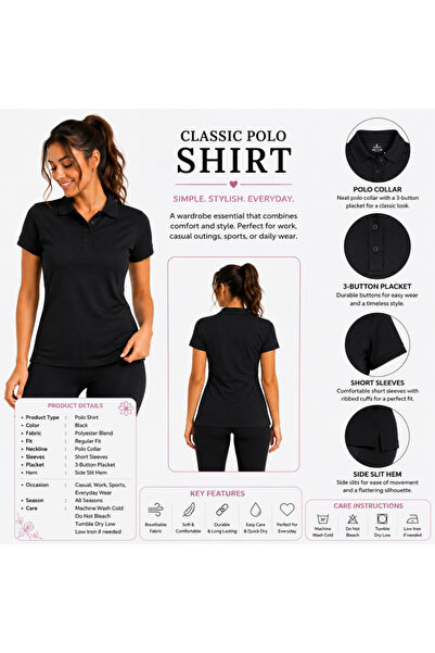doneel Sasan Women's Classic Black Polo Shirt – XL Short Sleeve Casual Collared Tee