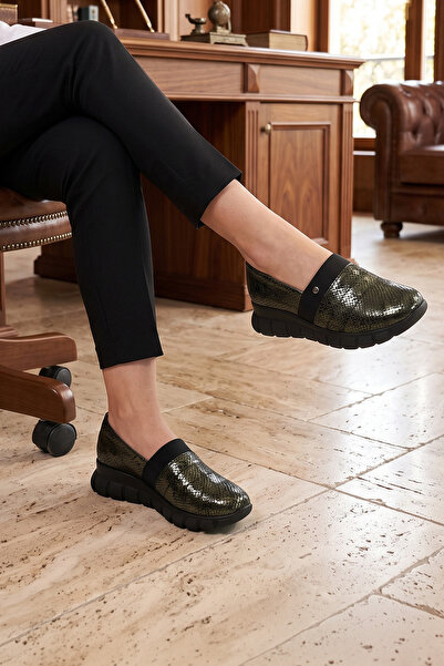 Erkan Saçmacı Lorraine Khaki Snake Genuine Calfskin Stretch Wedge Heeled Casu...
