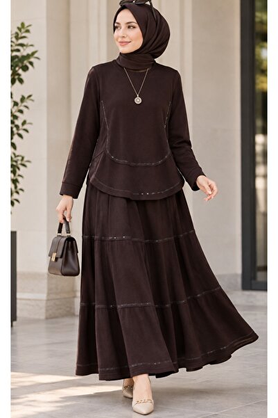 Butik Taşlı Etekli ikili takım acı kahve rengi