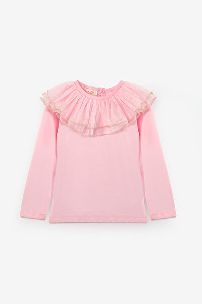 Le Mabelle Pink Glitter Detailed Tulle Collar Long Sleeve Girls' Blouse - Serena