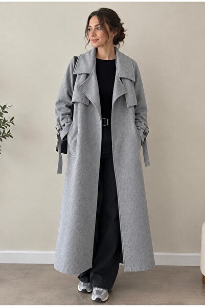 MODA Kadın Gri Kuşaklı Astarlı Kaşe Kaban Mont