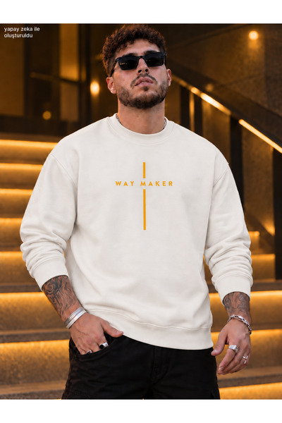 caddekombin Men's Yellow Typographic Way Maker Written Crew Neck Casual Regul...