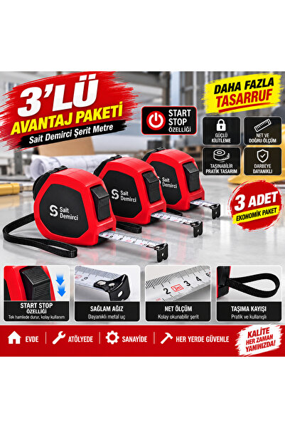 Sait Demirci 3'lü Avantaj Paketi 3 Metre Şerit Metre – Start Stop Özellikli