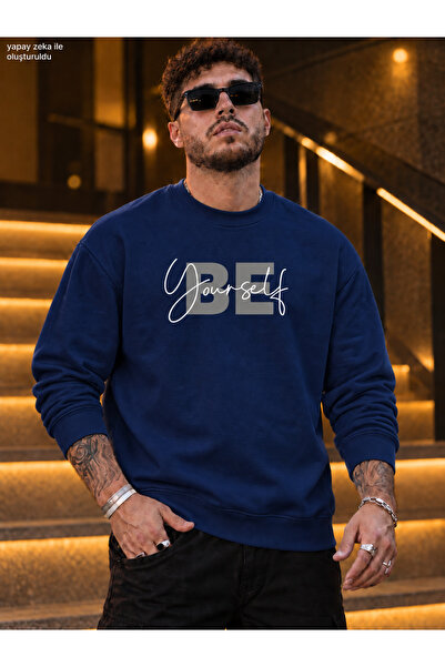 caddekombin Men's Be Yourself Typography and Handwritten Printed Crew Neck Ca...