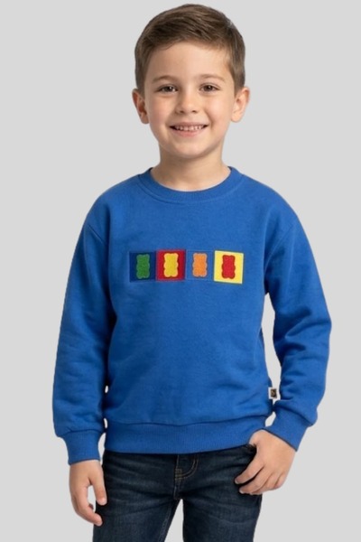 Haribo Boy's Blue Jelly Bear Embroidered/Printed Crew Neck Cotton Sweatshirt