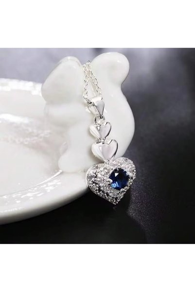 Lunarie Sapphire Color Stone Triple Heart Necklace – Silver Color Tarnish-Resistant Steel Zircon Stone Women's Necklace