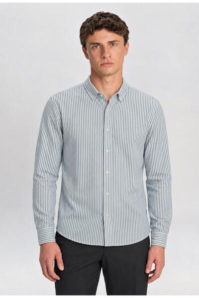TENA Men's Blue-White Long Sleeve Ripaş Diver Striped Slim Fit Shirt