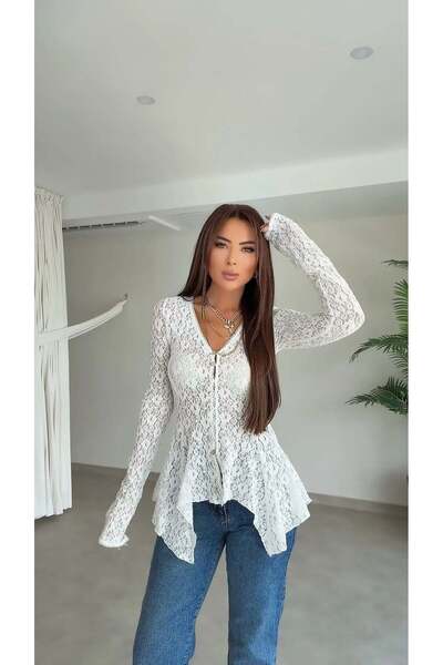 DİDEM GÜLTAKTI Suciya Buttoned Women's White Lace Cardigan
