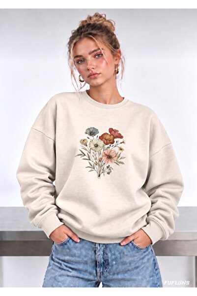 FUFLUNS Γυναικείο φούτερ με στάμπα λουλουδιών, oversized, με λαιμόκοψη ποδηλάτου