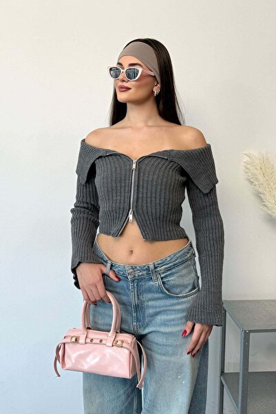 GİYSA Γυναικεία ζακέτα με φερμουάρ Madonna Collar Anthracite- 27K 2603
