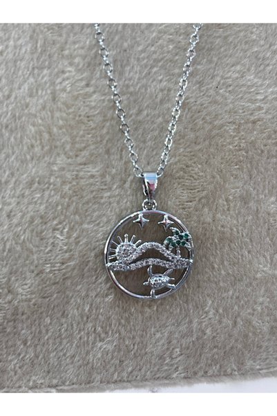 MODA Silver Color Necklace with Zircon Stone Detail and Sea-Themed Sun and Turtle Figures