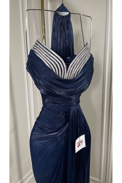 Boutique 219 Navy Blue Evening Gown, Three-Dimensional Draped, Crystal Embellishment, Halter Neckline, Elegant and Luxurious