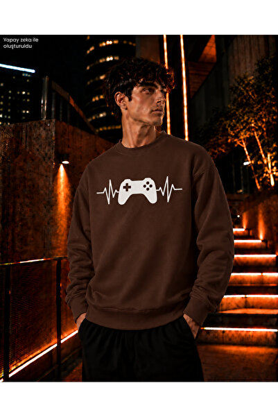 caddekombin Men's Gamepad and Heartbeat Stripe Detailed Crew Neck Casual Regu...
