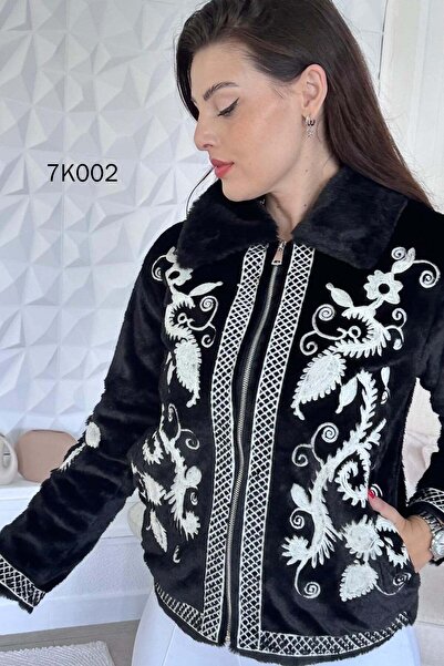 İnce Topuk Embroidered Rabbit Textured Fur Jacket 7K002