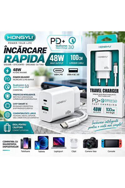 Hongyu Încărcător Rapid 48W cu USB-C PD + USB-A QC 3.0 și Cablu USB-C 1M