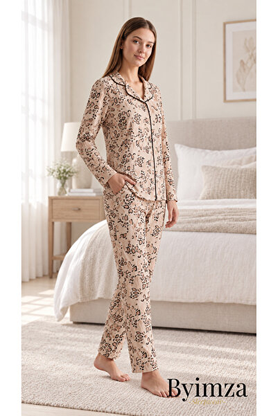 by imza Byimza Kadın Bej Leopar Desenli Gömlek Yaka Düğmeli Uzun Kollu Pijama...