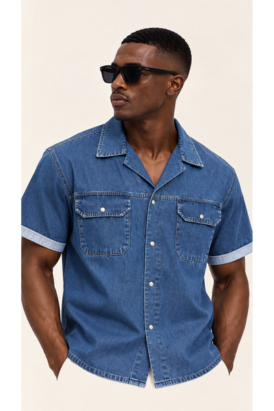 BARAN&SEREN Erkek Kısa Kollu Çift Cepli Denim Gömlek – Mavi