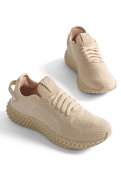 Tonny Black Unisex Beige Knitted Mesh Detailed Lace-Up Sneaker