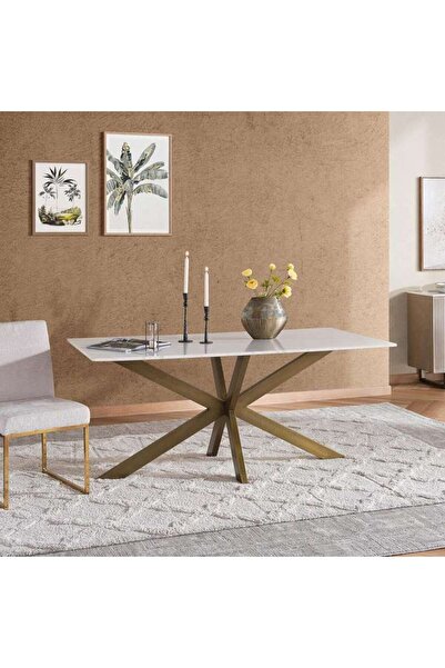 PAN HOME Faroe 6 Seater Dining Table Marble - White & Antique Brass