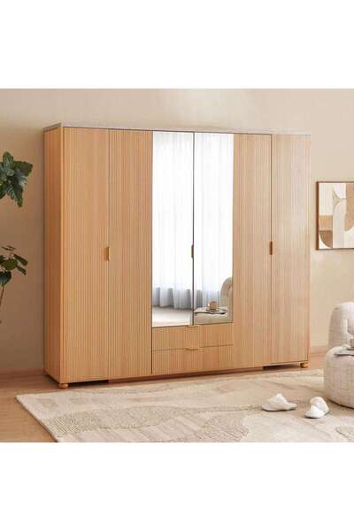 PAN HOME Fern 6 Door Wardrobe With Mirror - Natural