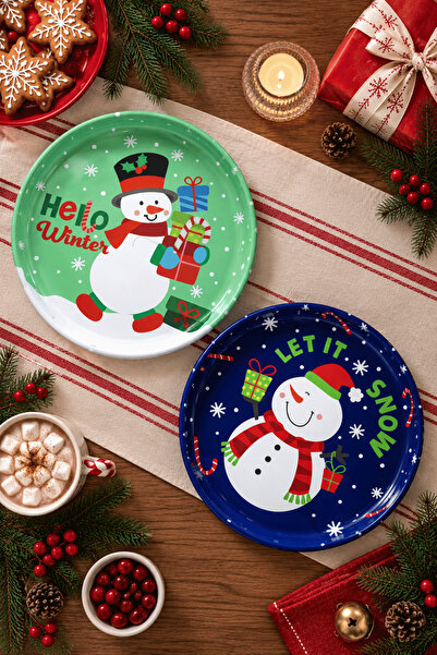 Sarkap Home 26 Cm Yılbaşı Snowman Mint & Lacivert 2'li Meyve Tabağı Seti