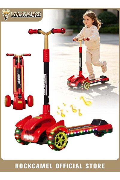 ROCKCAMEL 3-Wheel Kids Scooter, Kick Scooter With Height Adjustable, Music, L...