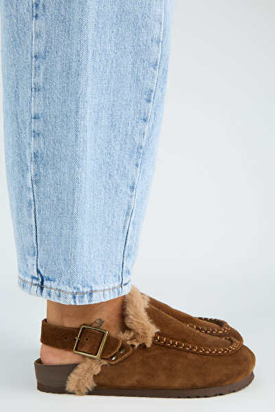 Manijero Alba Fur Women's Leather Laceless Tan Sabo Slippers