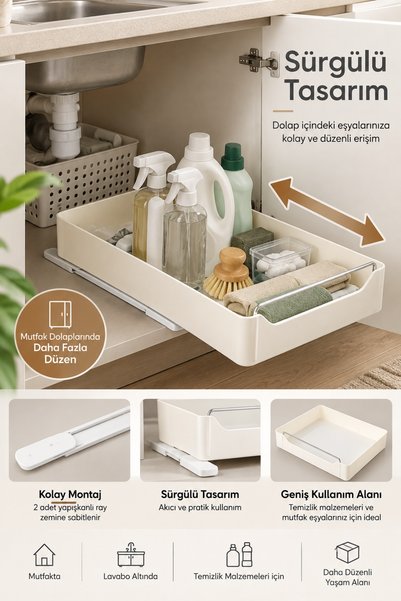 Poomy Sürgülü Dolap İçi Düzenleyici Organizer Raylı Çekmece Mutfak Banyo Lavabo Altı Organizeri 33.5x27 cm