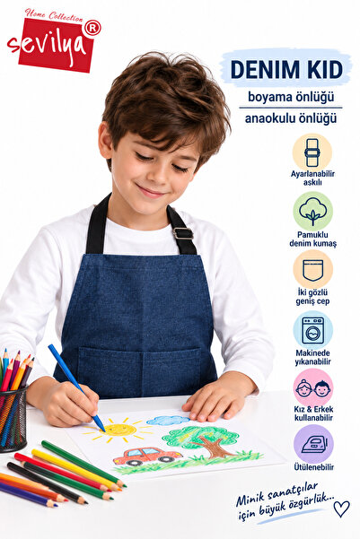 sevilya Denim Kid Denim Kumaş Boyama Önlüğü Resim Önlüğü Anaokulu Önlüğü Çocuk Kot Mutfak Önlüğü