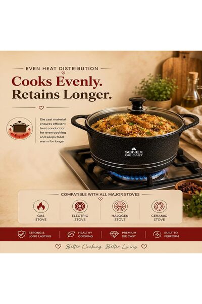 SONEX COOKWARES Diecast Non-Stick Eden Mega 3-Piece Set with Pot Holder, Sizes 9L, 13L, 19L, Grey Marble Finish, Superior Heat Distribution, Durable Handles, All Stovetop Compatibility (Black)