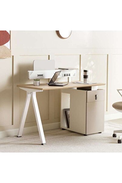 PAN HOME Shanil Office Desk With Side Cabinet Melamine - Beige & White
