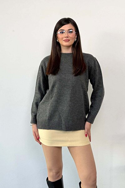 GİYSA Women's Crew Neck Casual Knitwear Sweater Anthracite - 27K 2528