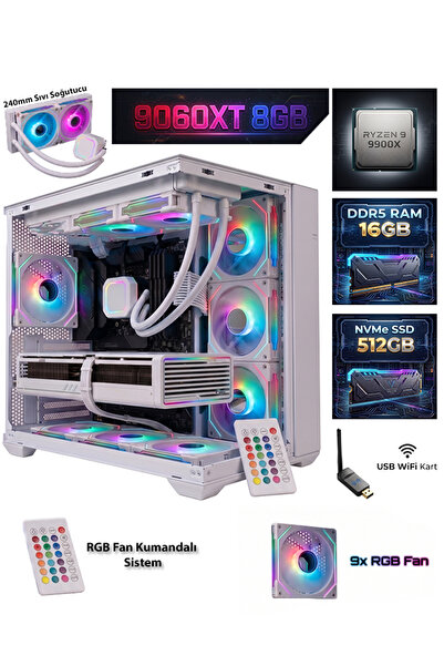 COMLOJI GA-Deluxe White RX 9060 XT 8GB Ryzen 9 9900X 16GB DDR5 512GB M.2 Sıvı...